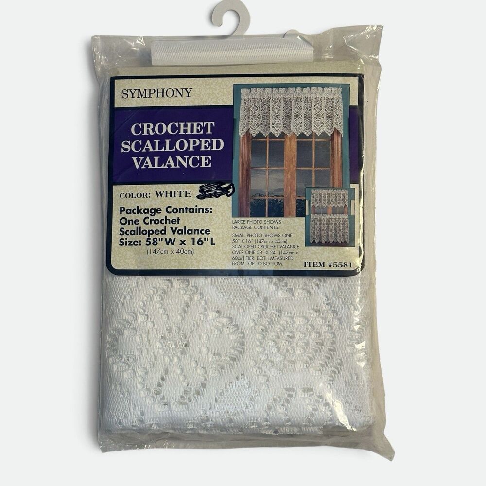 Vintage Symphony Crochet Scalloped Valance White 58x16 USA NOS #5581
